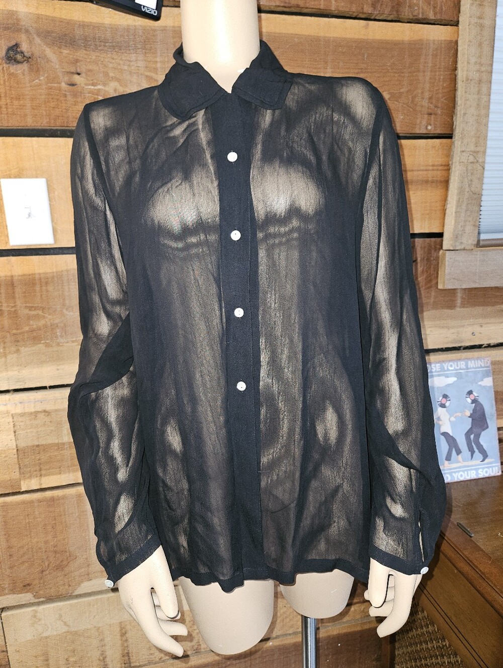 April Cornell Vintage Sheer Black Button Up Blouse Office Goth 90s Grunge Y2k M
